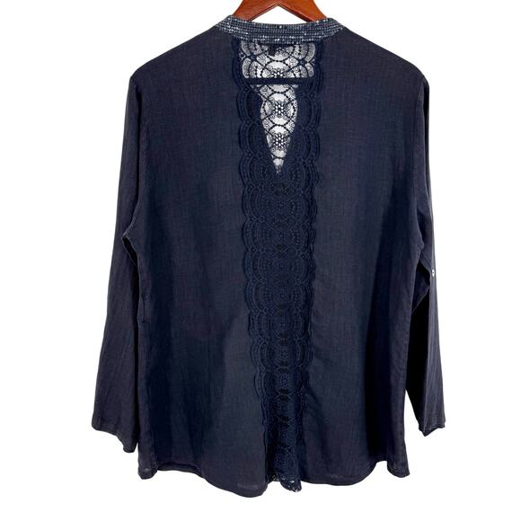 PIAZZA ROMA Sz Medium Made in ITALY Blue 100% LINEN Blouse Shirt Top Nautical - Picture 8 of 8